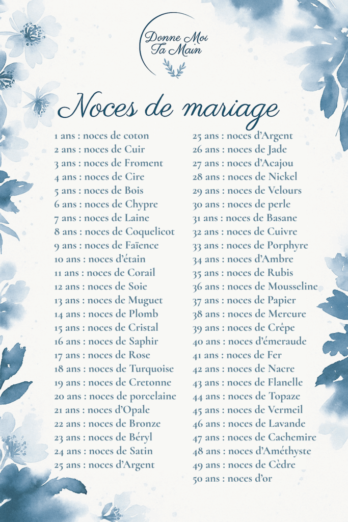 le calendrier des noces de 50 a 100 ans