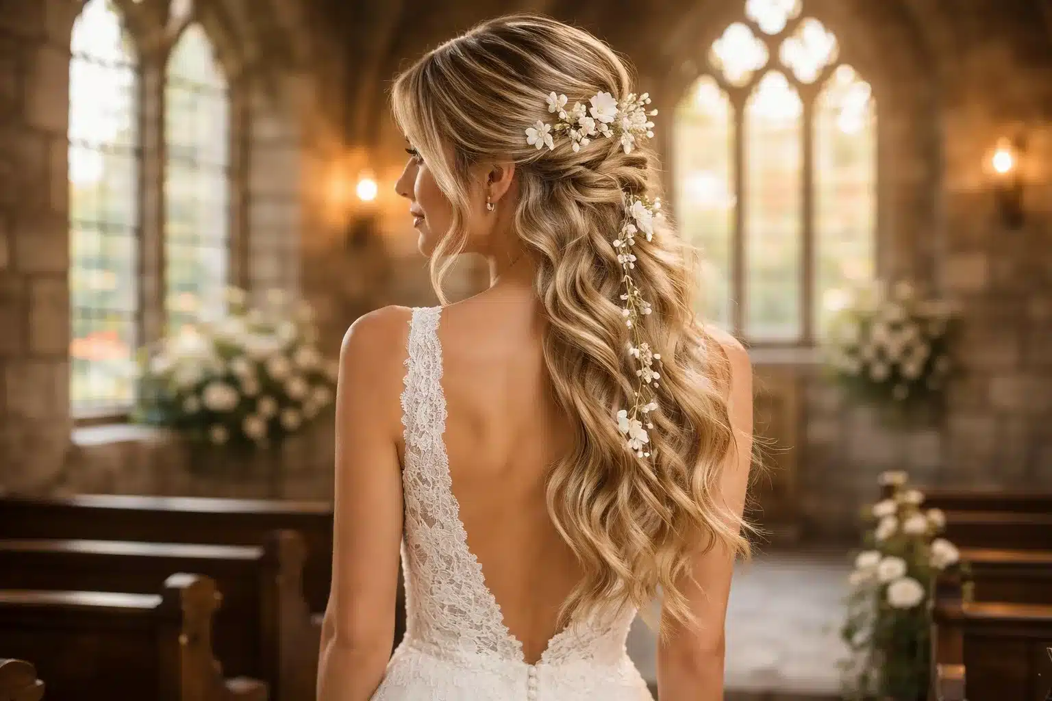 Mariée avec cheveux longs lâchés et ondulations romantiques