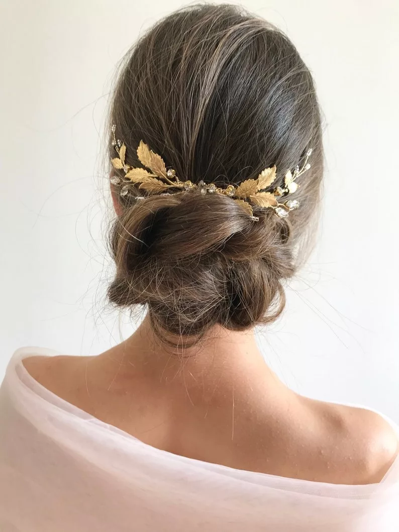 Peigne de mariée doré feuilles et cristal