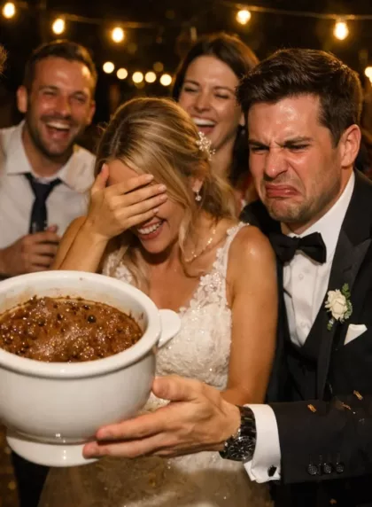 Pot de chambre mariage : les invités rient autour des mariés pendant la tradition du pot de chambre