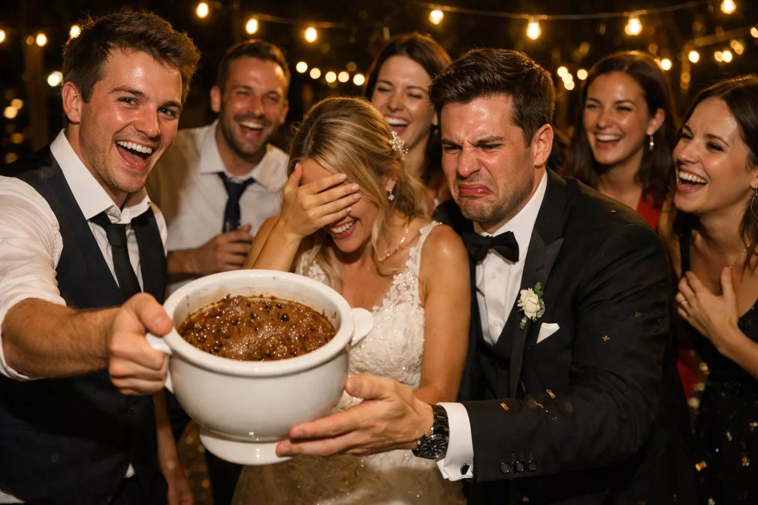 Pot de chambre mariage : les invités rient autour des mariés pendant la tradition du pot de chambre
