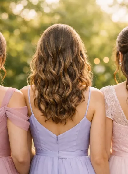 Trois témoins de mariage vues de dos avec coiffures différentes