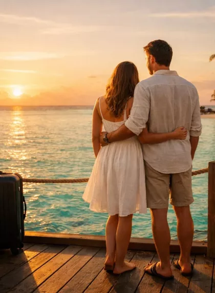Couple en voyage de noces aux Maldives au coucher du soleil