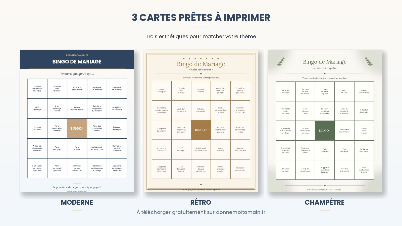 Aperçu des trois cartes de bingo de mariage à télécharger : esthétique moderne, rétro et champêtre
