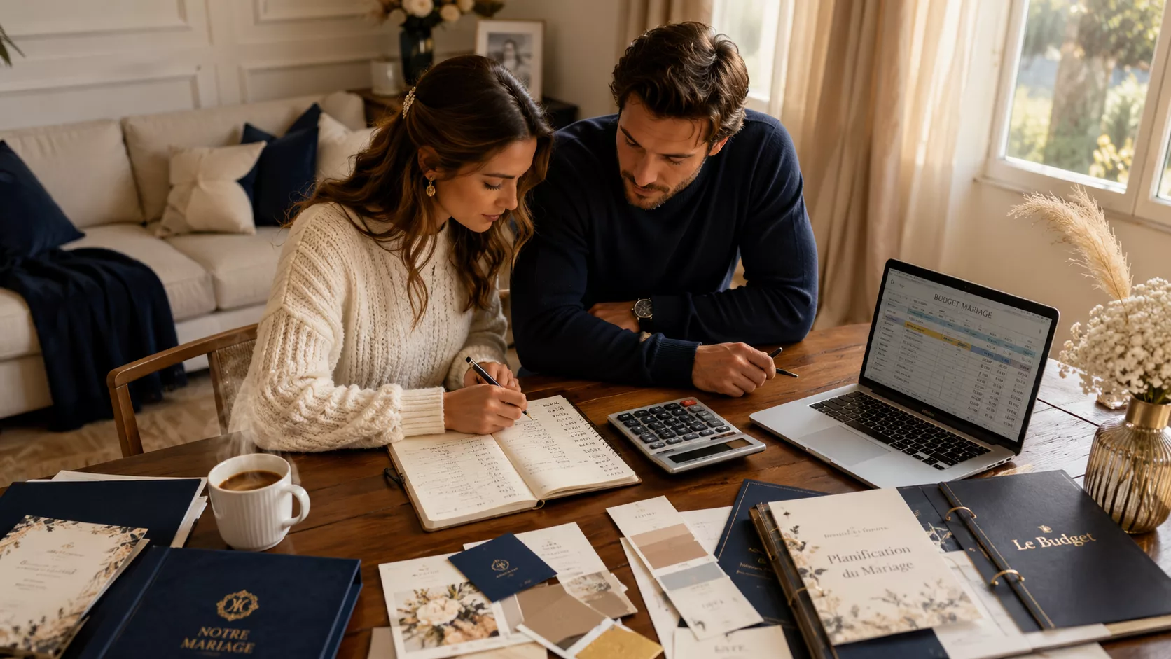 Couple de futurs mariés établissant le budget de leur mariage