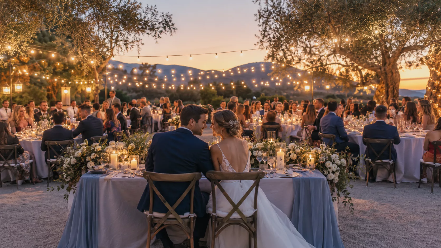 Réception de mariage de taille moyenne en extérieur avec table d'honneur et invités