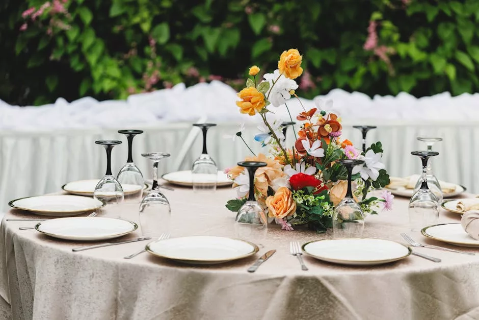 Centre de table mariage extérieur champêtre fleurs et verres renversés