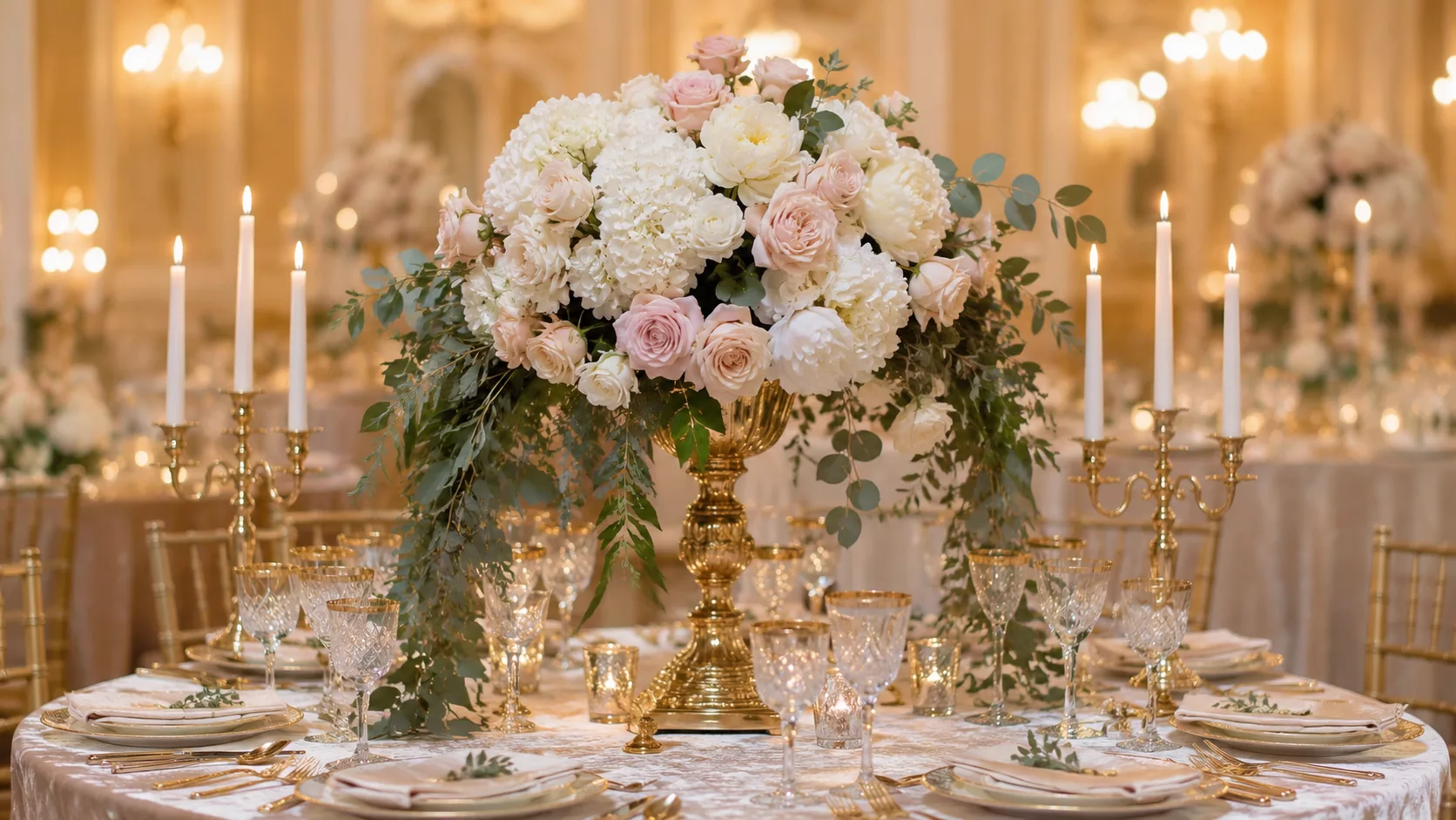 Centre de table mariage sophistiqué : composition haute sur compotier doré, pivoines blanches et candélabres