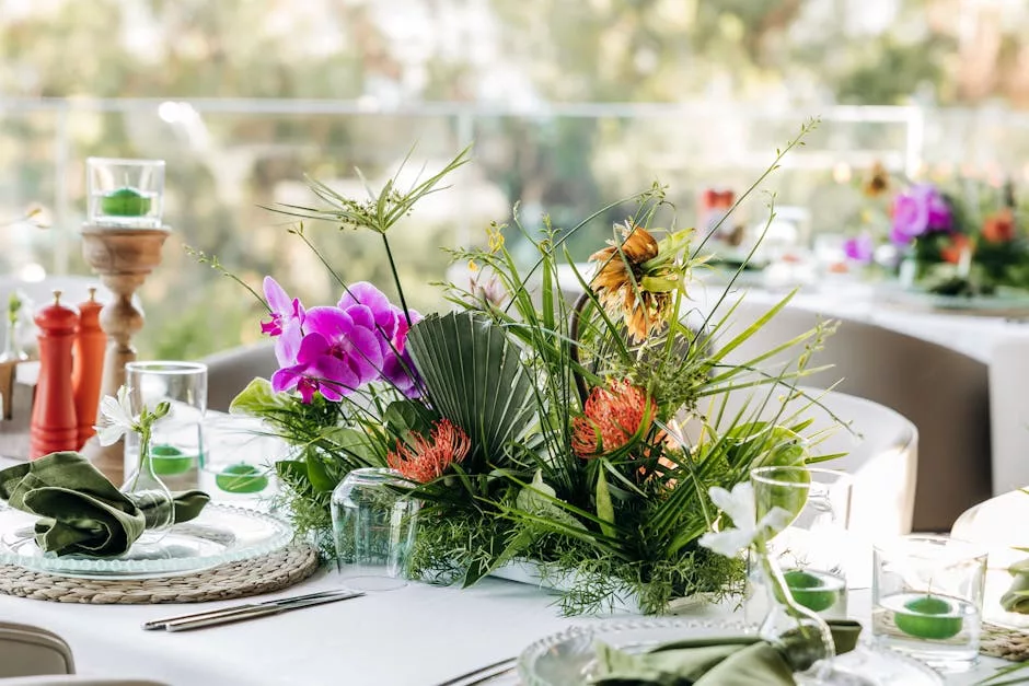Centre de table mariage tropical orchidees roses et verdure exotique