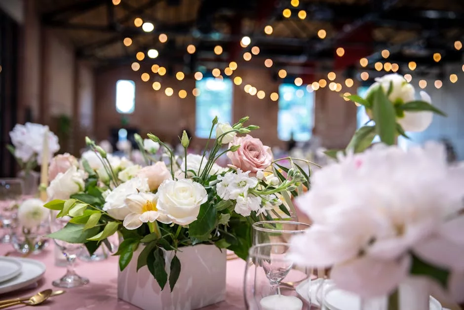 Centre de table mariage roses blanches dans contenant blanc avec guirlandes lumineuses