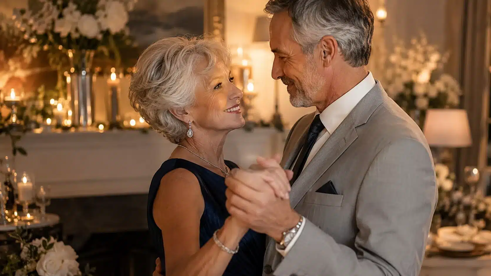 Couple senior élégant célébrant ses 38 ans de mariage lors d'un dîner aux chandelles