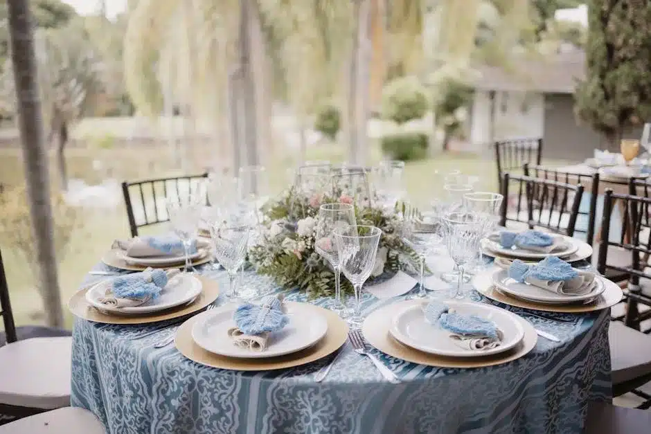 Table de mariage avec nappe bleue, sous-assiettes dorees et serviettes bleu marine
