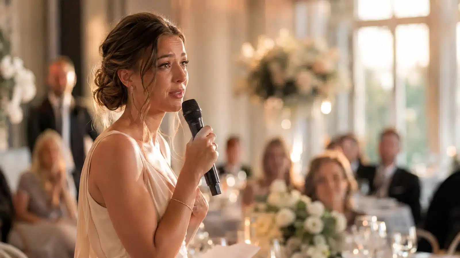 Femme témoin de mariage prononçant un discours émouvant au micro