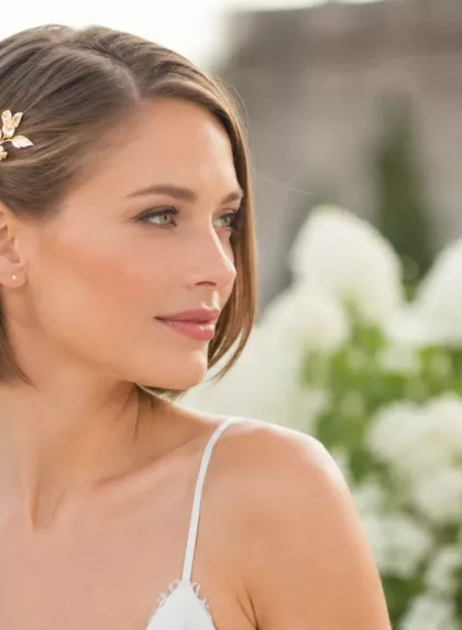 Mariée aux cheveux courts en carré court accessoirisé d'un peigne floral doré dans un jardin