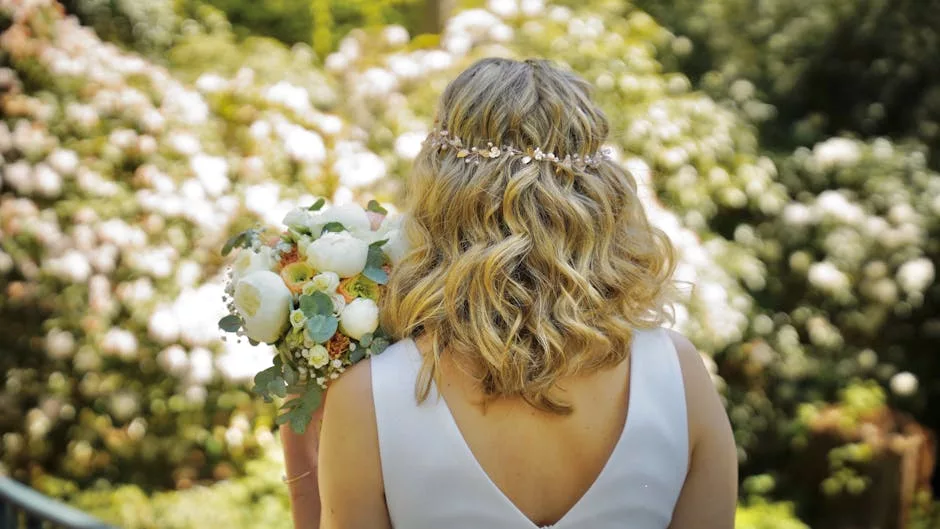 Mariée de dos avec carré court ondulé et bijou de tête perlé