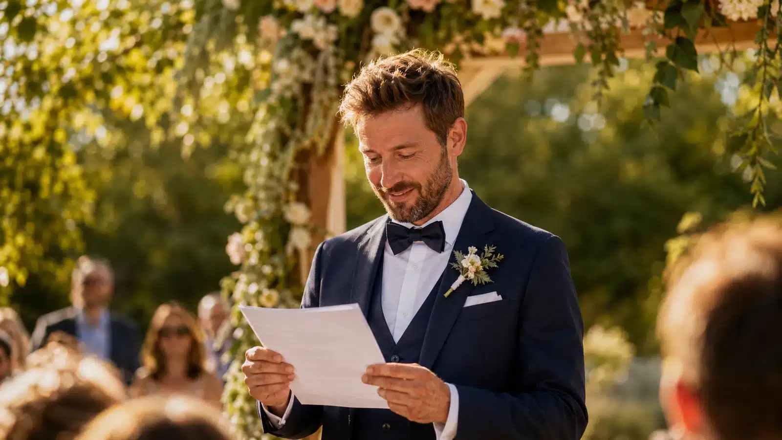 Témoin lisant son discours de mariage sur une feuille imprimée à la cérémonie
