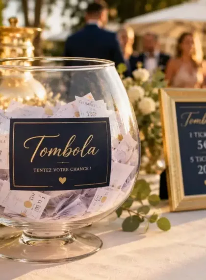Urne en verre remplie de tickets de tombola sur une table de mariage avec décoration florale