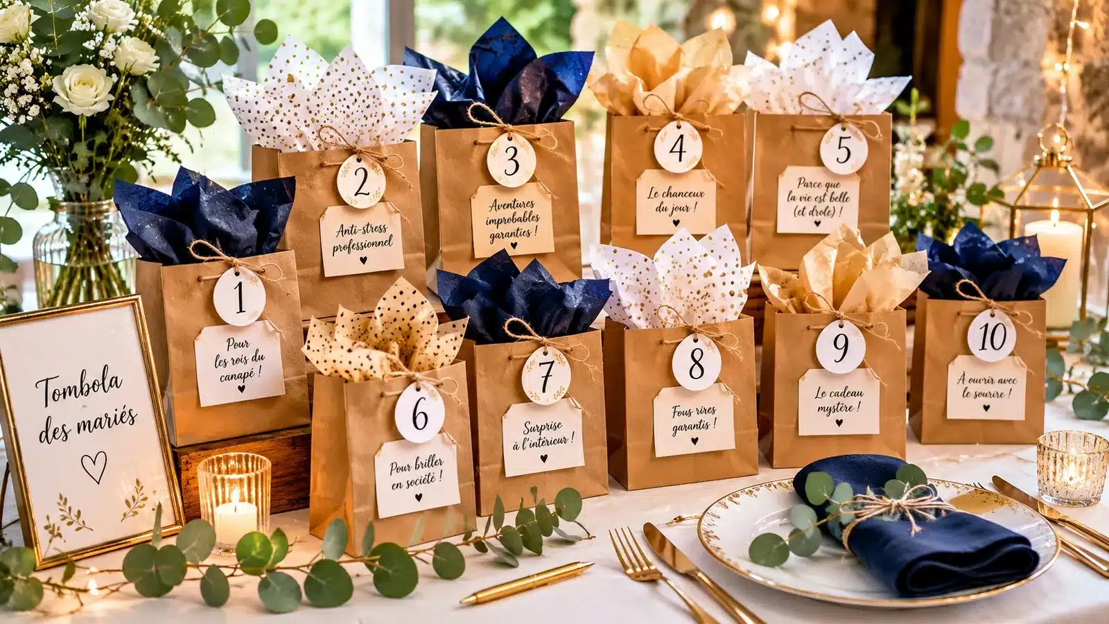 Dix sacs kraft numérotés contenant des lots de tombola de mariage présentés sur une table décorée
