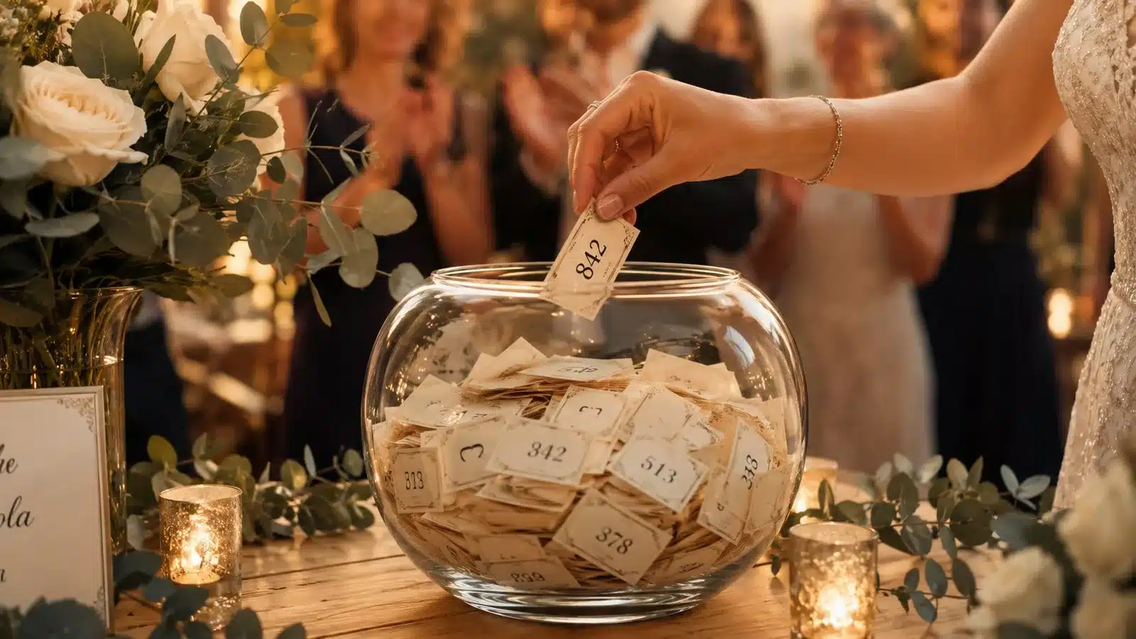 Main qui pioche un ticket dans une urne en verre lors d'une tombola de mariage avec invités applaudissant en arrière-plan