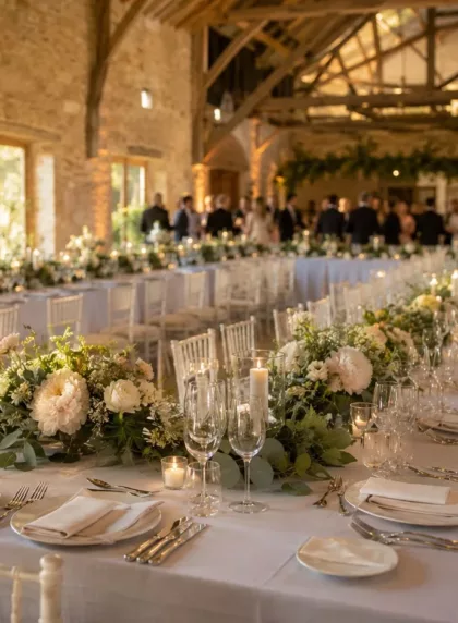 Reception de mariage intime pour 50 invites dans une grange de domaine viticole, longue table dressee avec compositions florales blanches