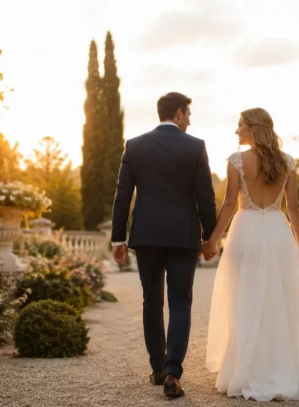 Couple de jeunes maries marchant main dans la main dans les jardins d un chateau francais au coucher du soleil