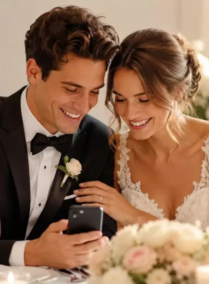 Jeunes mariés consultant leur cagnotte de mariage en ligne sur un smartphone