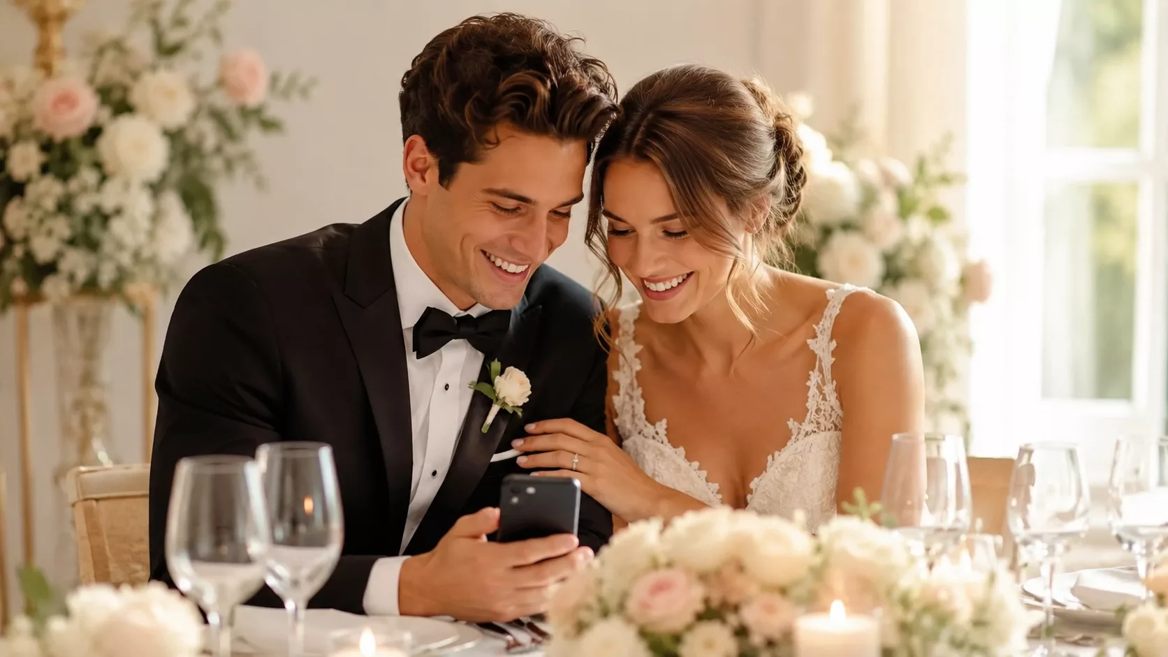 Jeunes mariés consultant leur cagnotte de mariage en ligne sur un smartphone