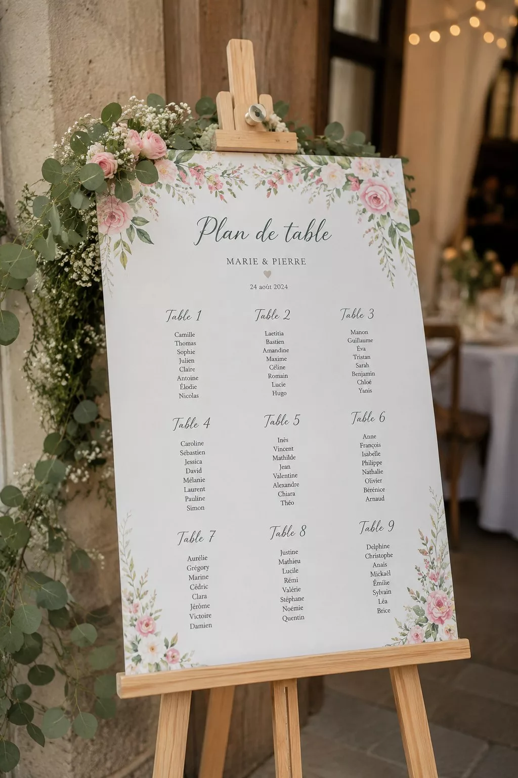 Plan de table de mariage sur chevalet en bois naturel, panneau champêtre fleuri avec les noms des tables