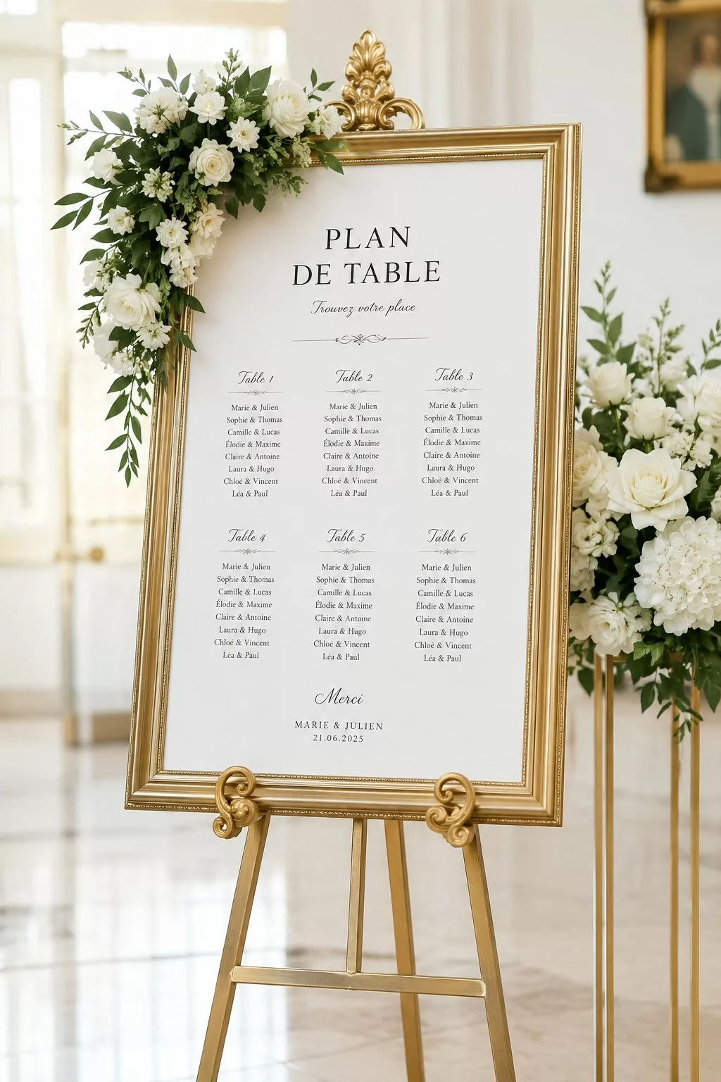 Plan de table de mariage sur chevalet doré avec cadre ornementé et fleurs blanches