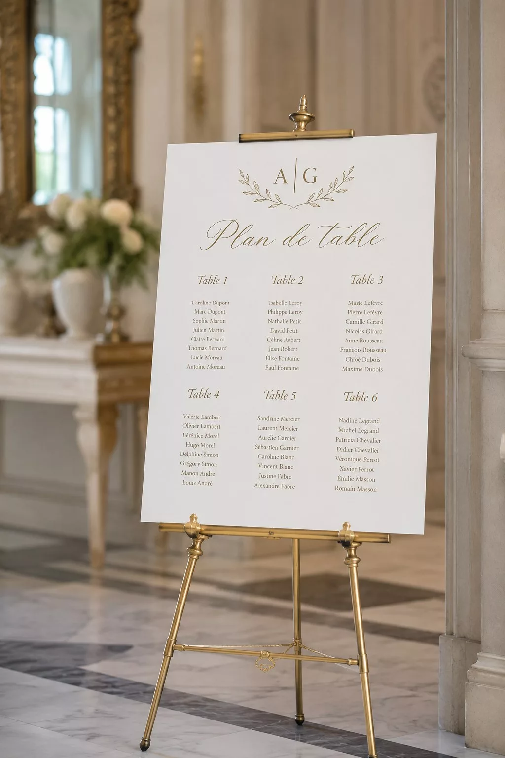 Plan de table de mariage minimaliste sur chevalet doré en laiton avec monogramme