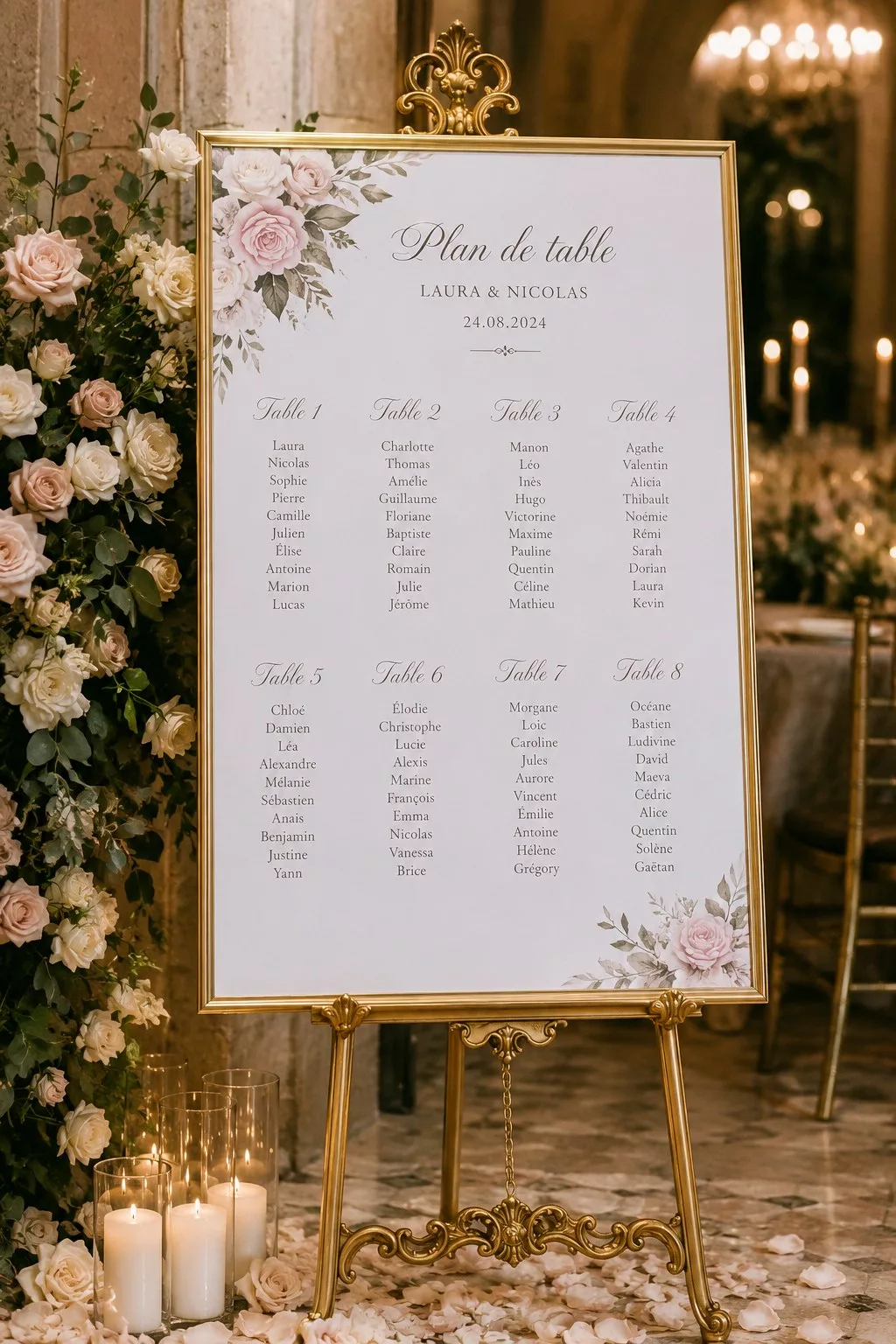 Plan de table de mariage chic sur chevalet doré avec roses et bougies