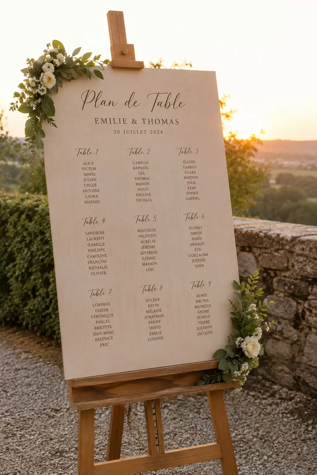 Grand chevalet en bois portant un plan de table de mariage au coucher du soleil en extérieur