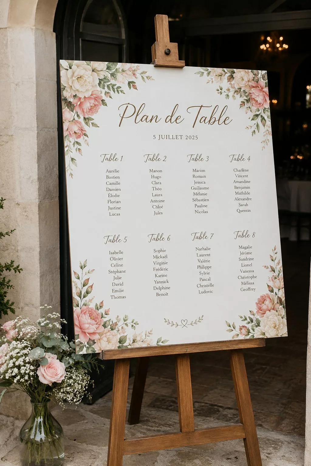 Grand chevalet en bois portant un plan de table de mariage fleuri à l'entrée du lieu de réception