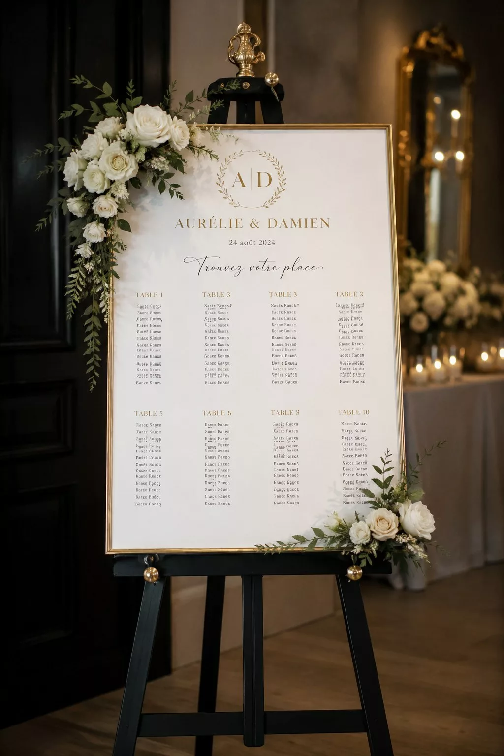 Plan de table de mariage chic sur un chevalet noir et doré avec fleurs et bougies