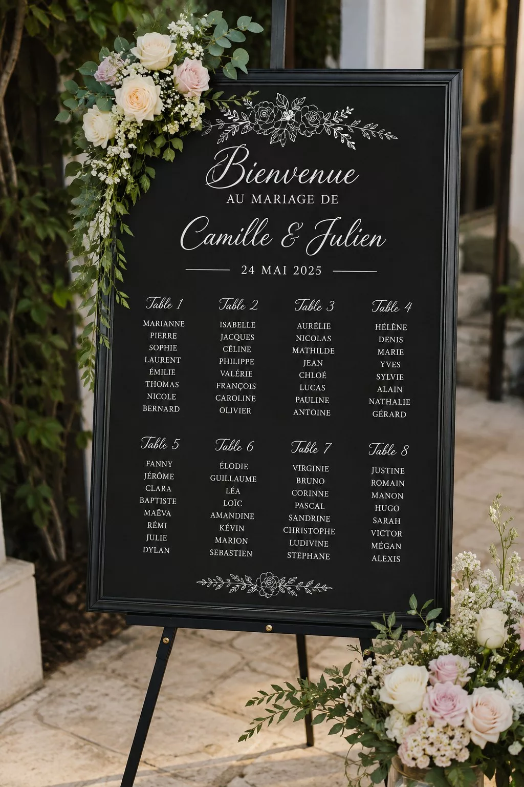 Plan de table de mariage sur un panneau noir et un chevalet noir avec fleurs blanches
