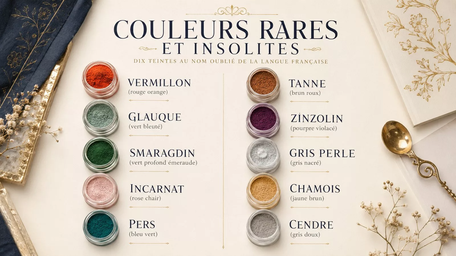 Planche des dix couleurs rares vermillon glauque smaragdin et leur signification