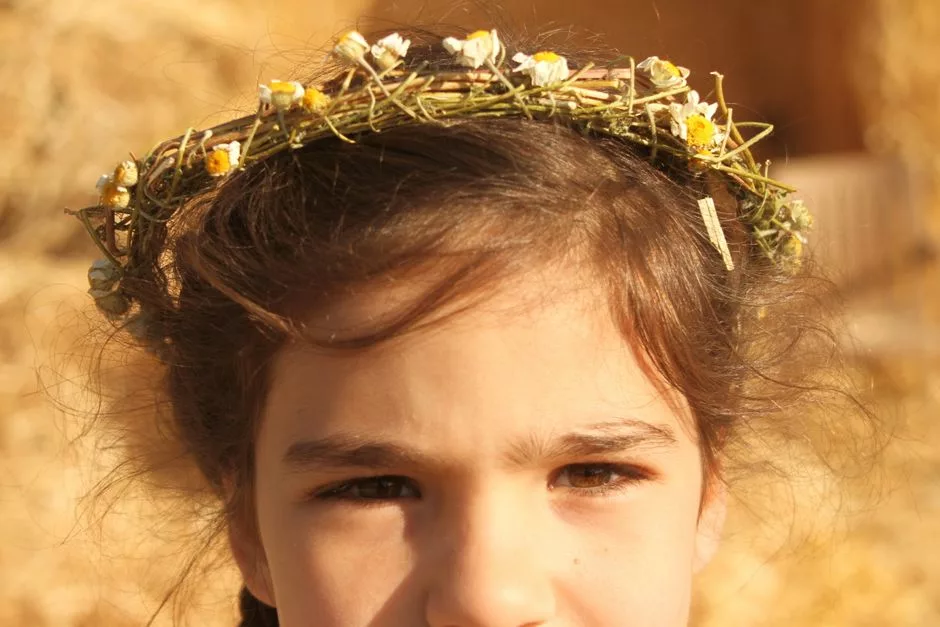 Petite fille portant une couronne de marguerites séchées, parfaite pour le cortège