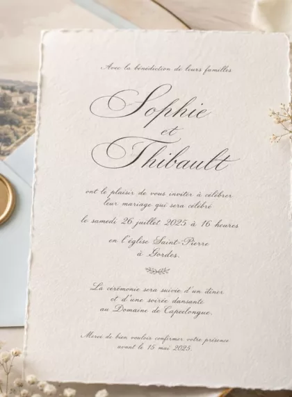 Faire-part de mariage en papier crème avec belle écriture calligraphiée et enveloppe à cachet de cire doré
