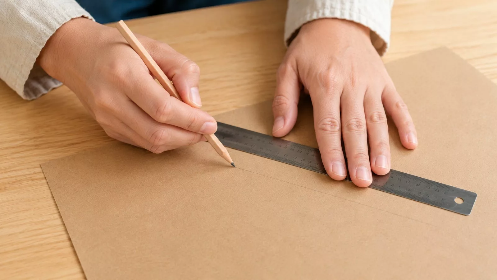 Tracer les plis latéraux au crayon et à la règle sur la feuille de papier kraft