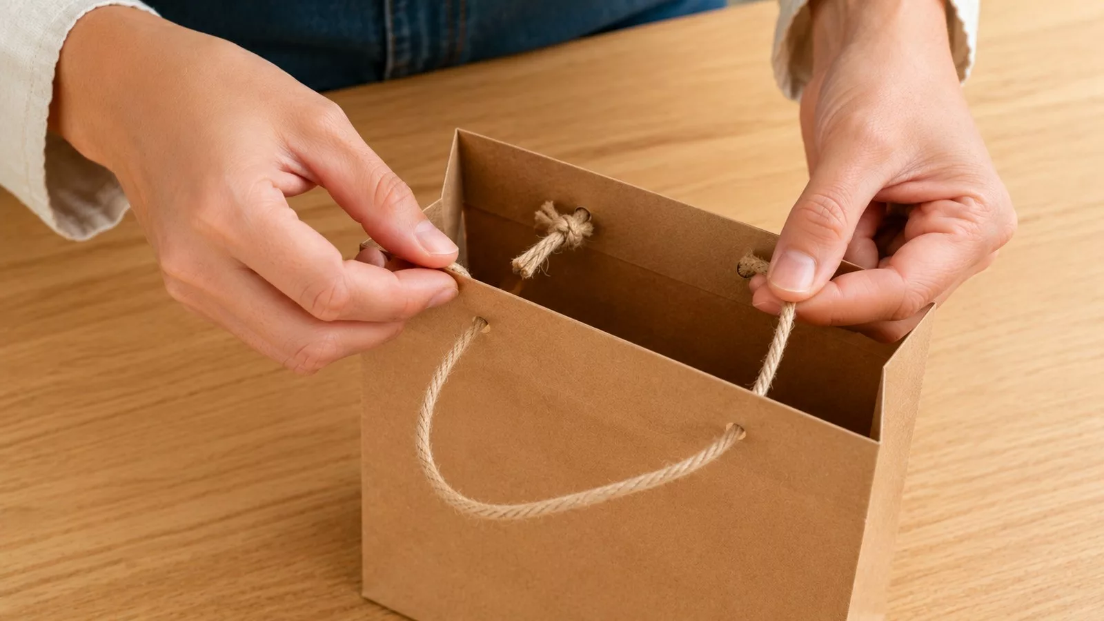 Passer la ficelle de jute dans les trous et nouer les anses du sac en papier kraft