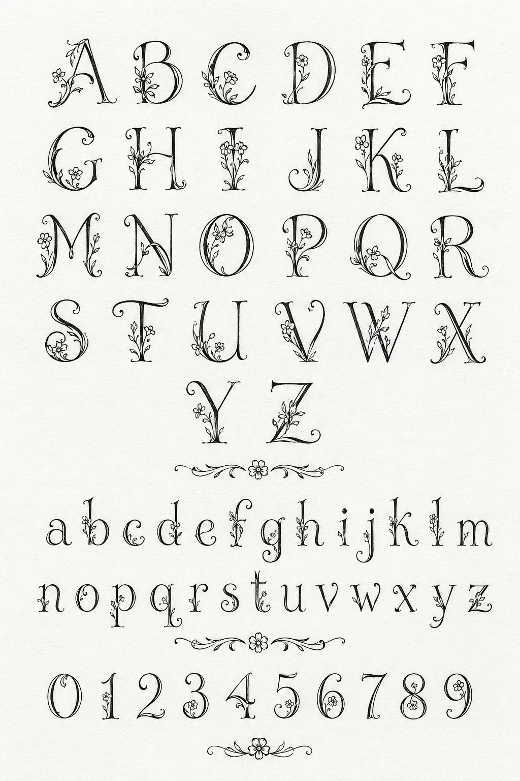 Alphabet de majuscules décoratives art nouveau ornées de motifs floraux