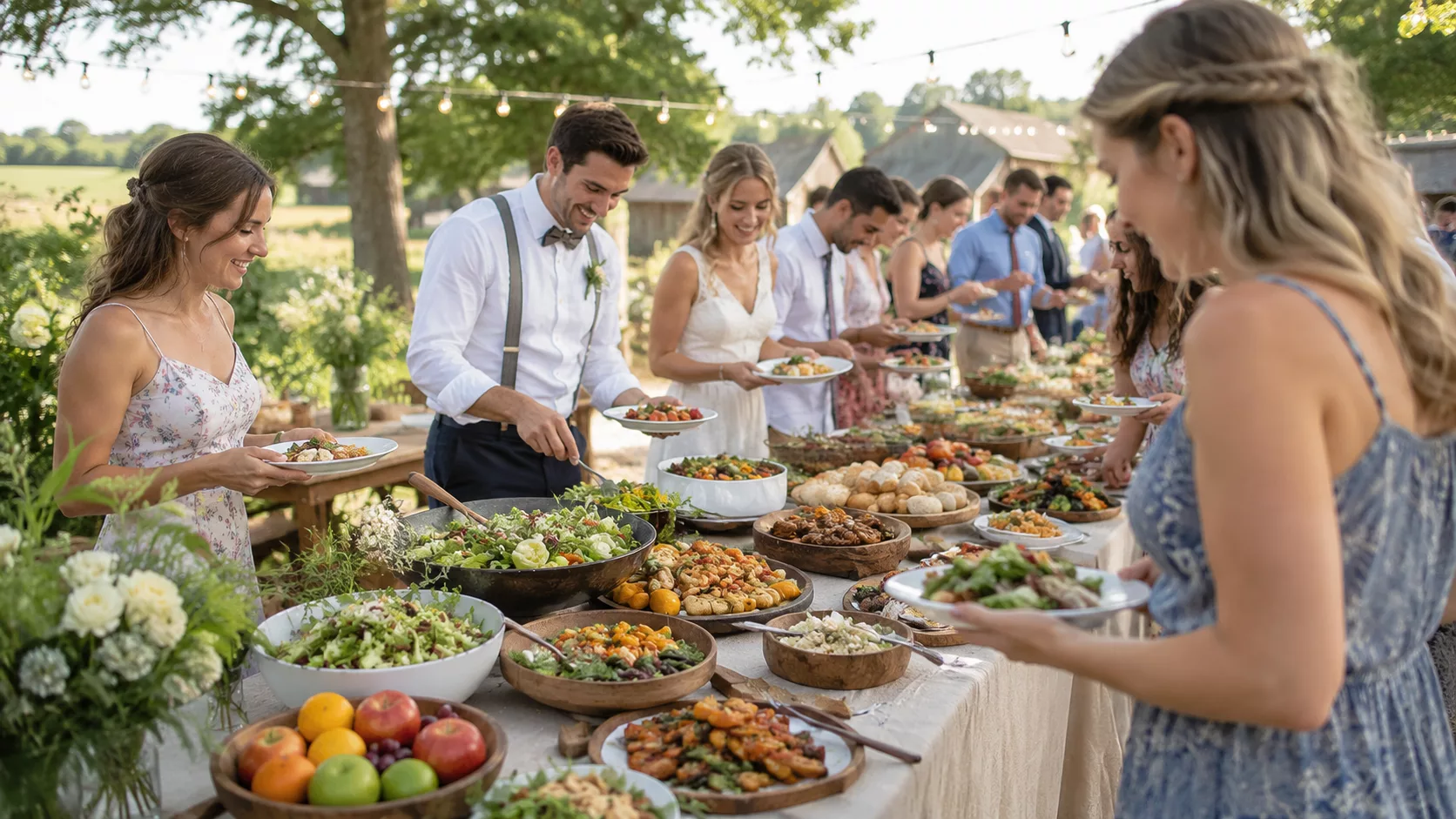 Buffet de mariage convivial en extérieur où les invités se servent