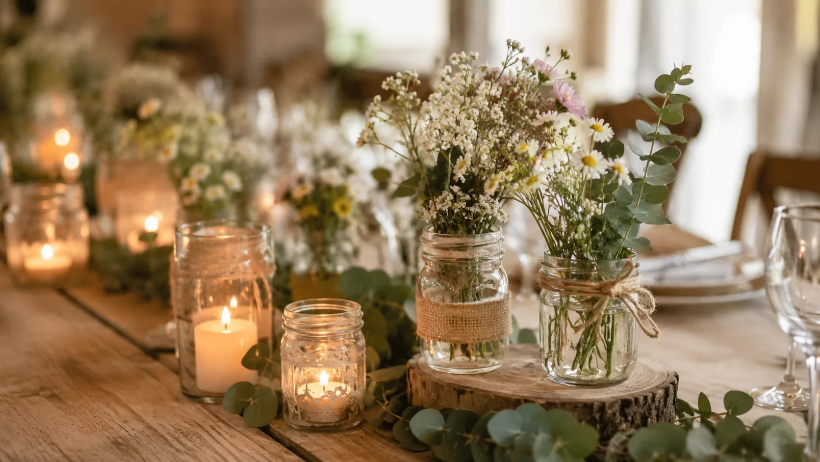 Décoration de table de mariage faite maison avec bougies et fleurs des champs dans des bocaux