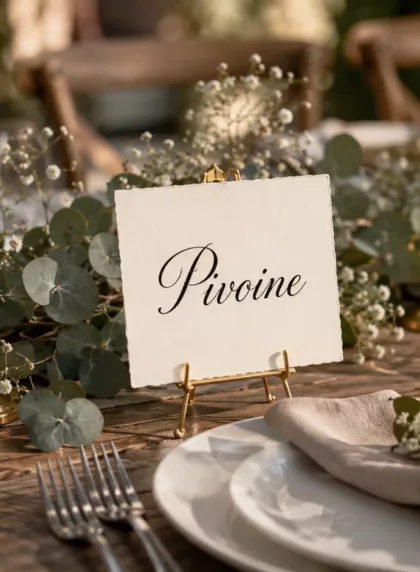 Carte nom de table de mariage calligraphiée Pivoine sur chevalet doré, décor champêtre chic avec eucalyptus et gypsophile