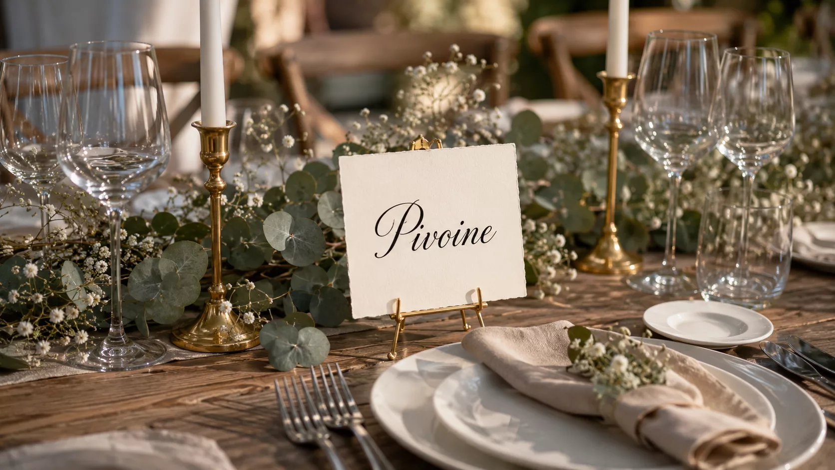 Carte nom de table de mariage calligraphiée Pivoine sur chevalet doré, décor champêtre chic avec eucalyptus et gypsophile
