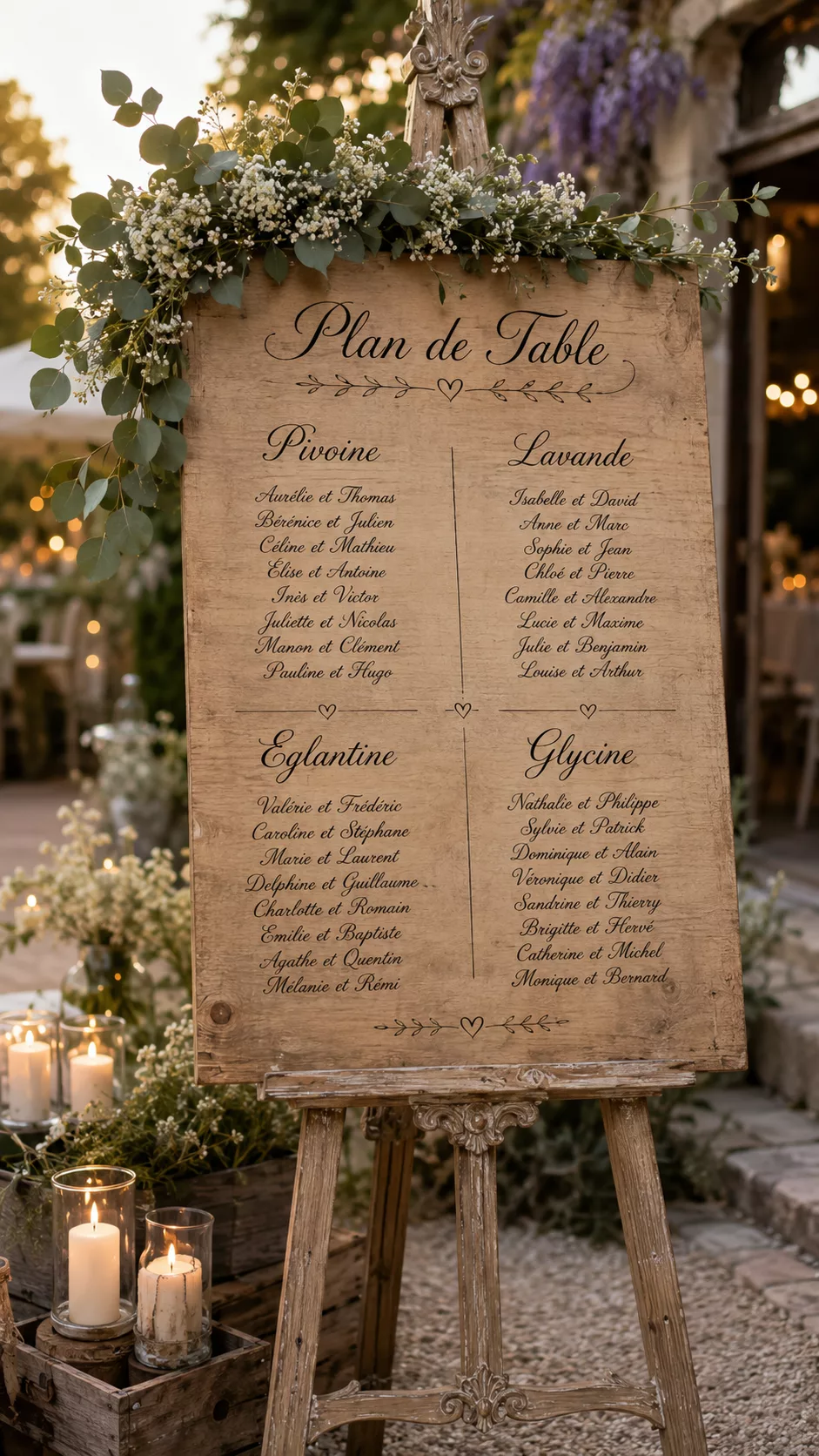 Plan de table mariage champêtre sur chevalet en bois Plan de table mariage champêtre original sur chevalet en bois avec eucalyptus, gypsophile et bougies