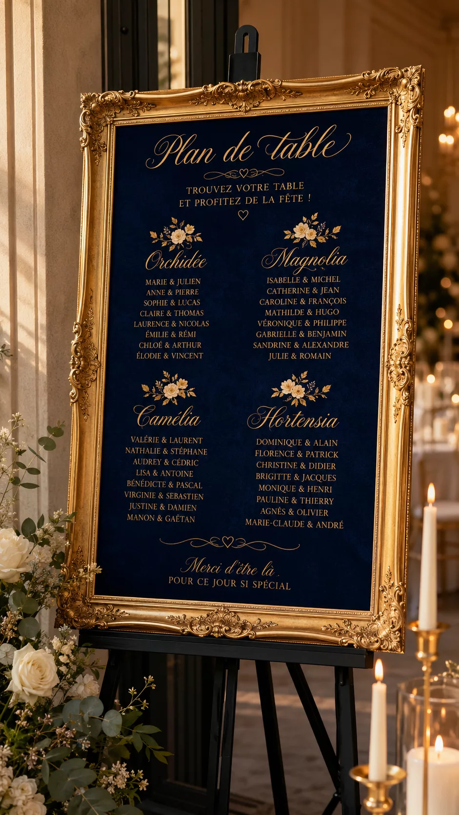 Plan de table mariage chic cadre doré velours bleu nuit Plan de table mariage chic et élégant dans un cadre doré baroque sur fond velours bleu nuit