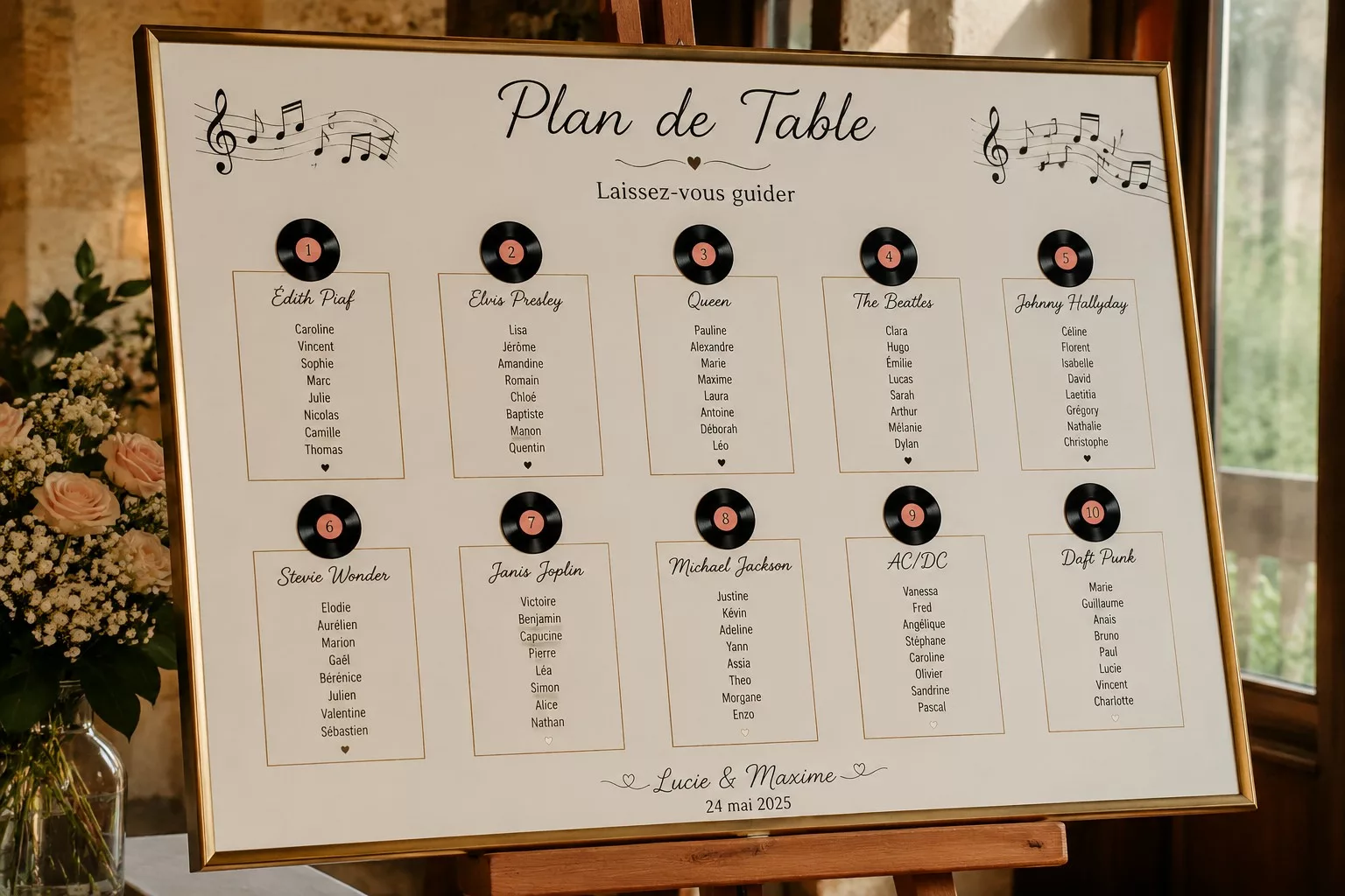 Plan de table de mariage thème musique avec des tables nommées d'après des artistes et des disques vinyles