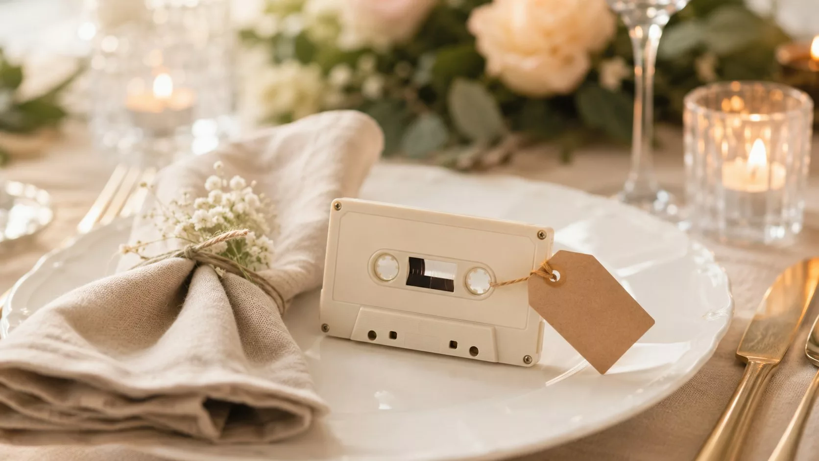 Cassette audio et étiquette kraft posées sur une assiette de mariage thème musique