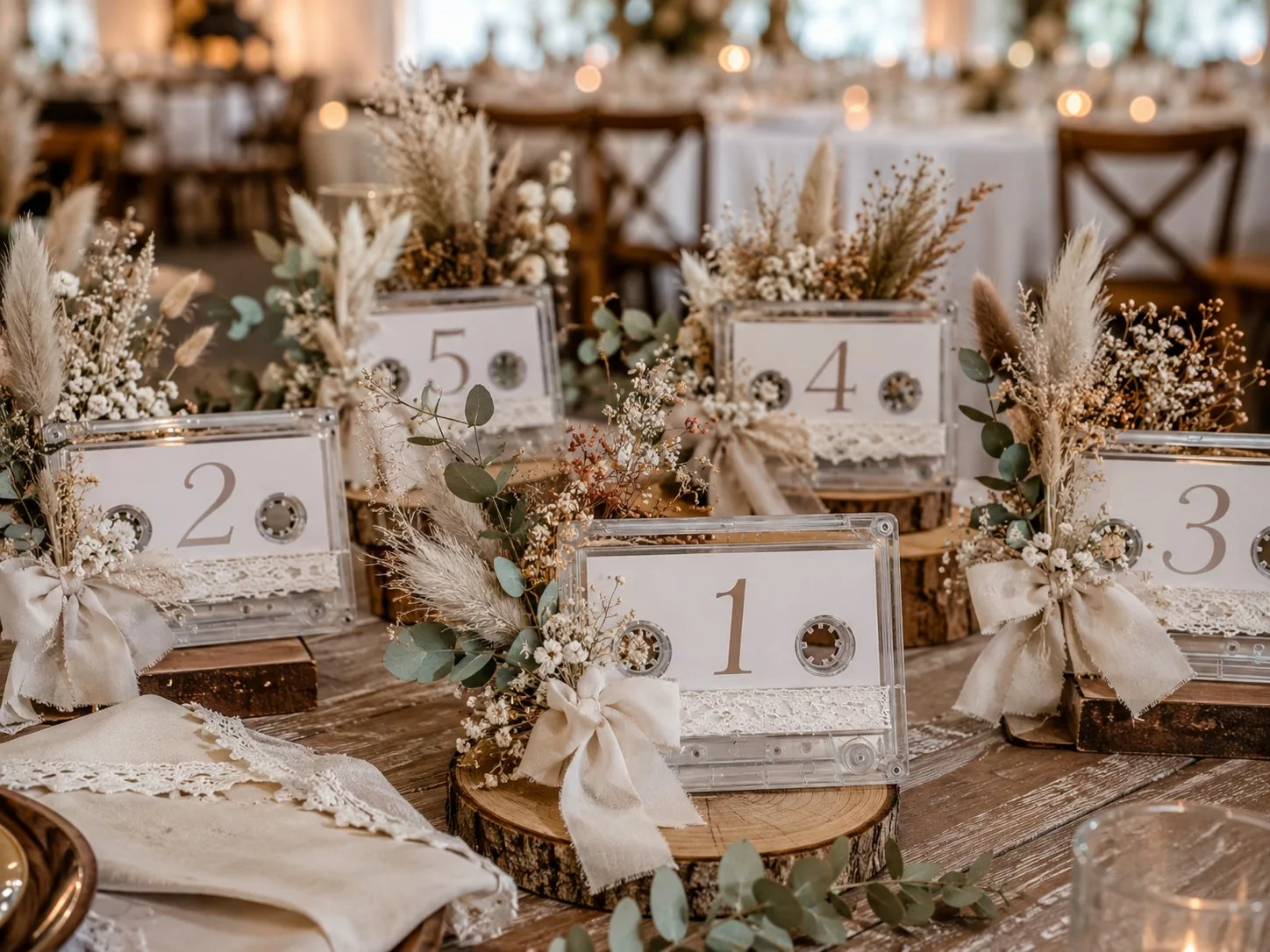 Numéros de table de mariage bohème en cassettes audio décorées de fleurs séchées
